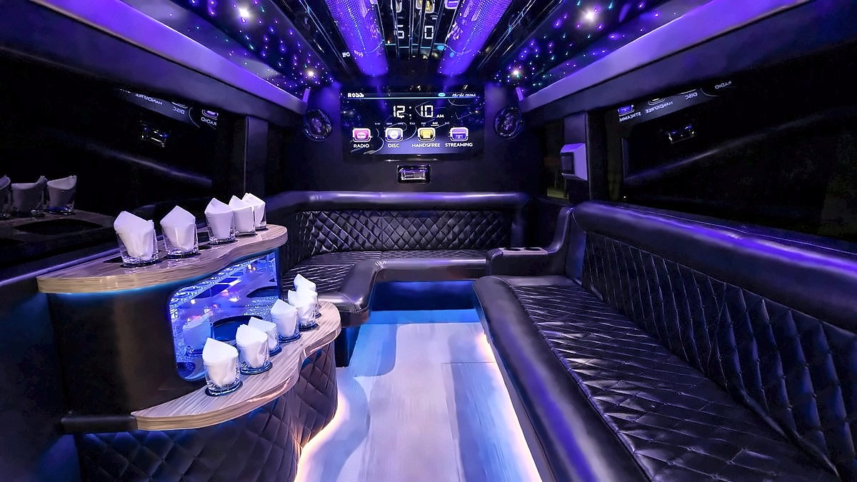 Inside the Mercedes-Benz Sprinter limousine with blue cabin lighting