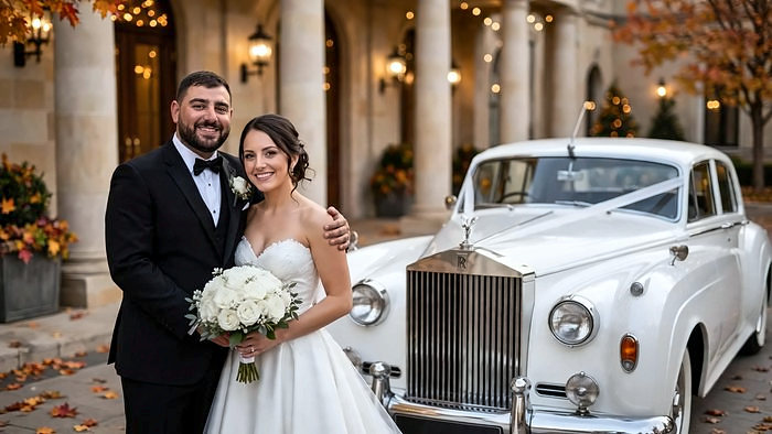 A bride and groom beside the white 1959 Rolls-Royce decorated with wedding ribbon