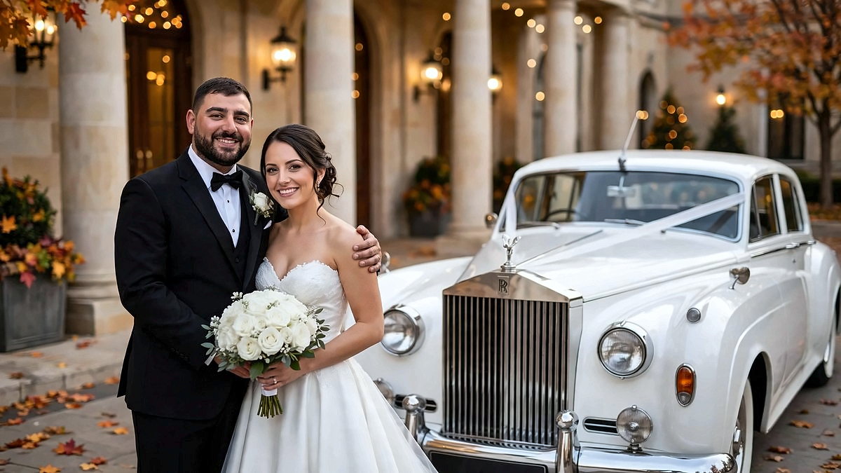 A bride and groom beside the white 1959 Rolls-Royce decorated with wedding ribbon