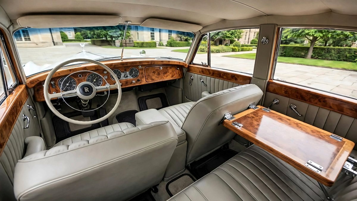 Inside the white 1959 Rolls-Royce, with leather seating and walnut trim