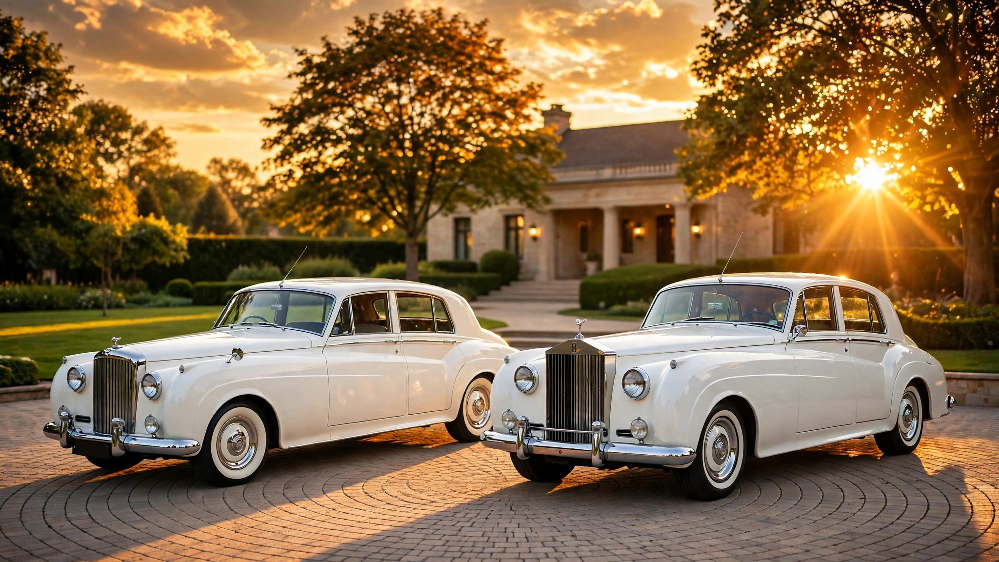 The white 1959 Rolls-Royce and 1959 Bentley S with a bride and groom at a Toronto wedding venue