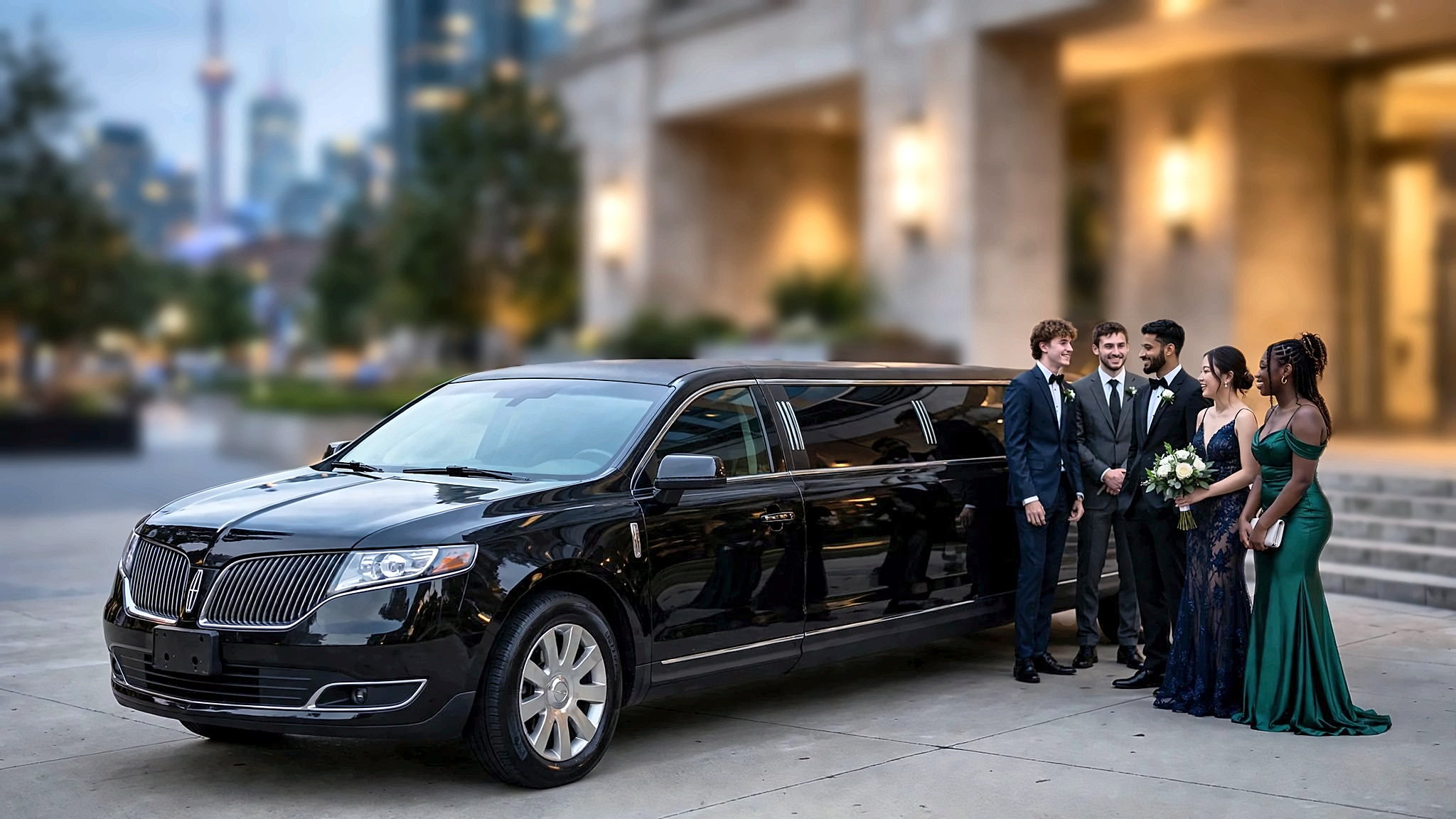 The black Lincoln MKT stretch limousine with a prom group at a Toronto venue
