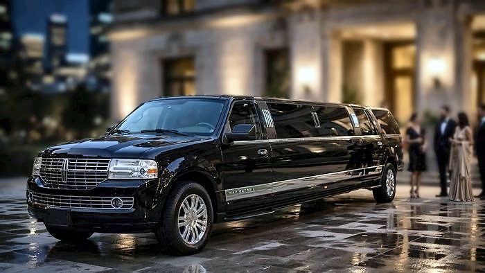 The black Lincoln Navigator stretch limousine with guests in evening wear at a Toronto venue