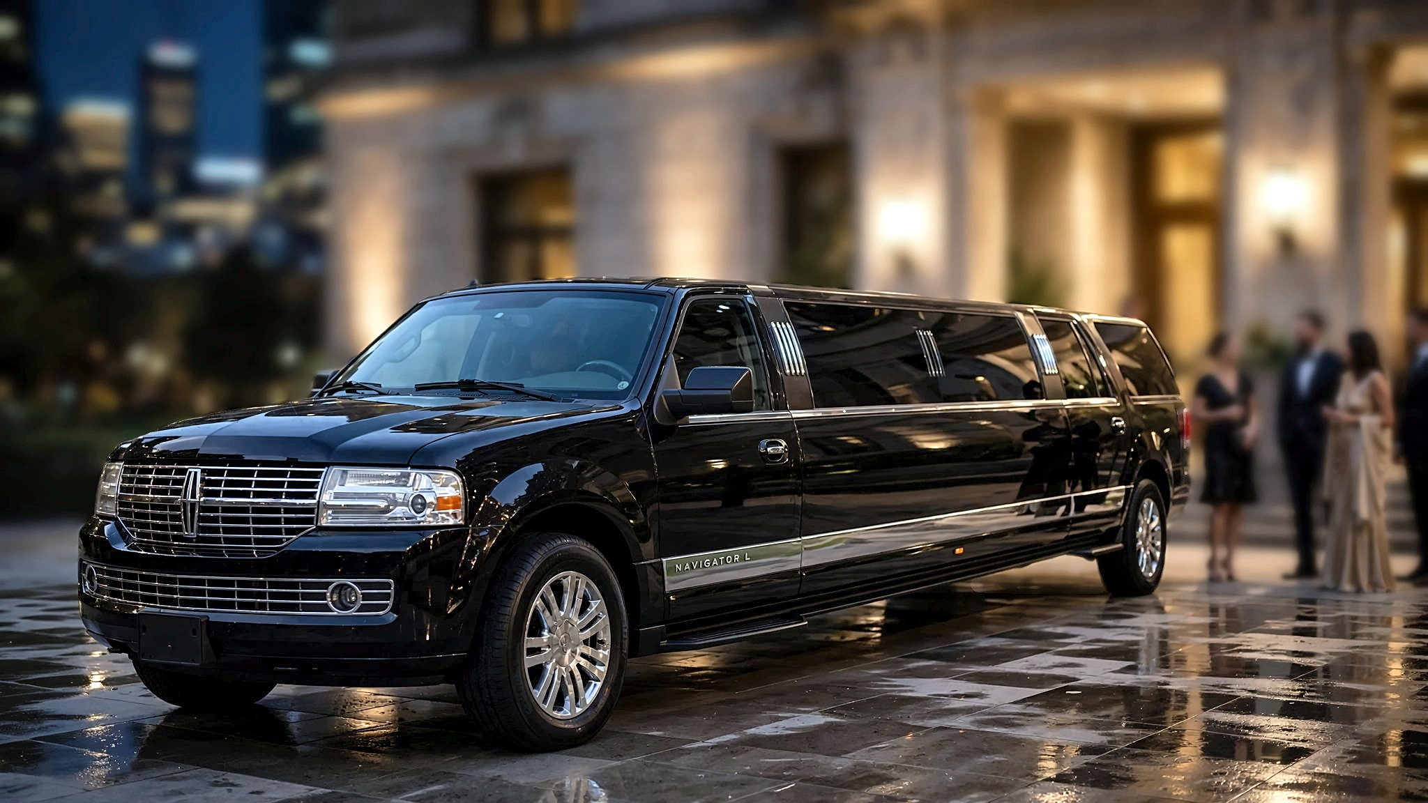 The black Lincoln Navigator stretch limousine with guests in evening wear at a Toronto venue