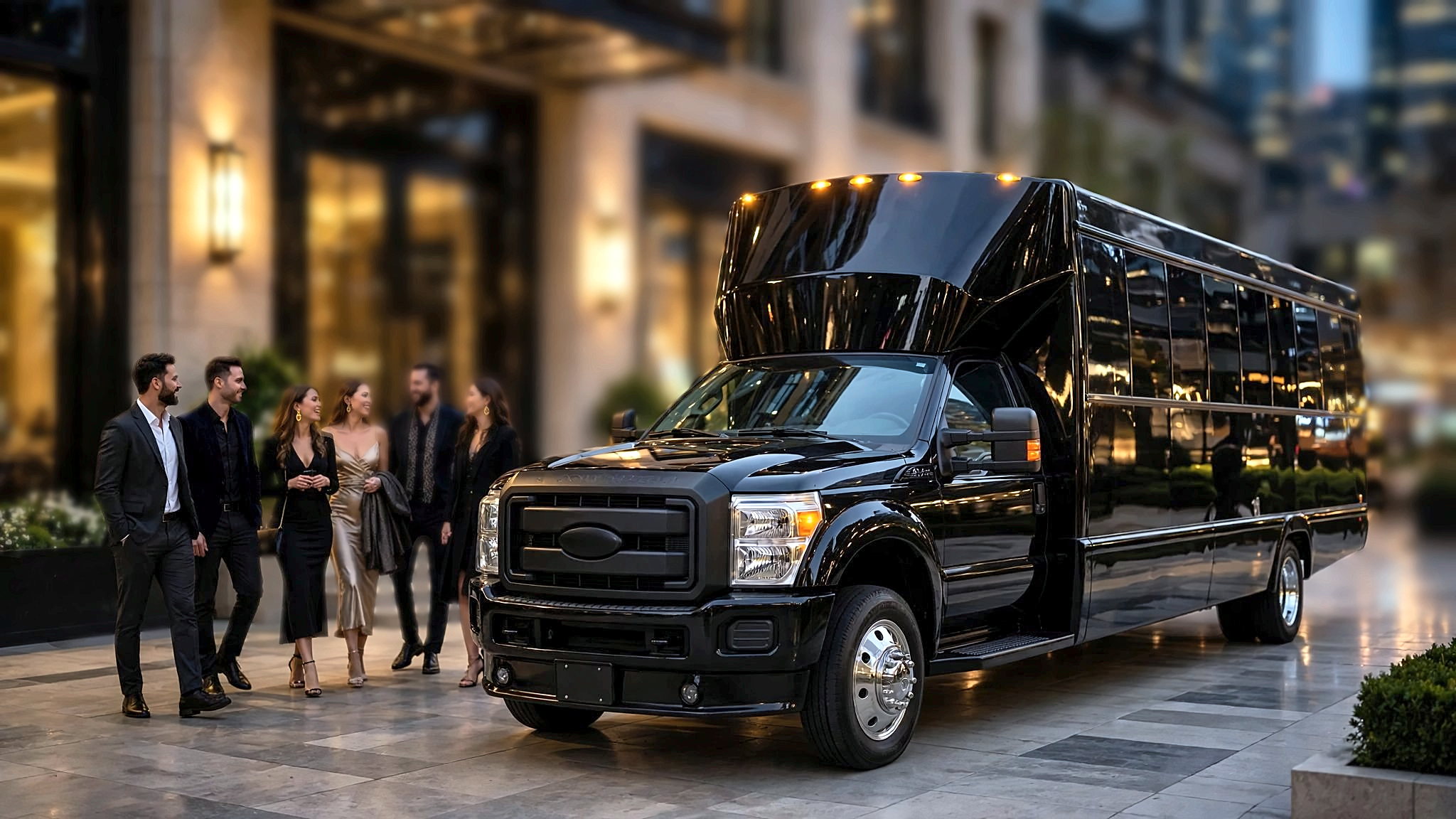 The black Ford F-550 party bus with guests in evening wear outside a Toronto venue