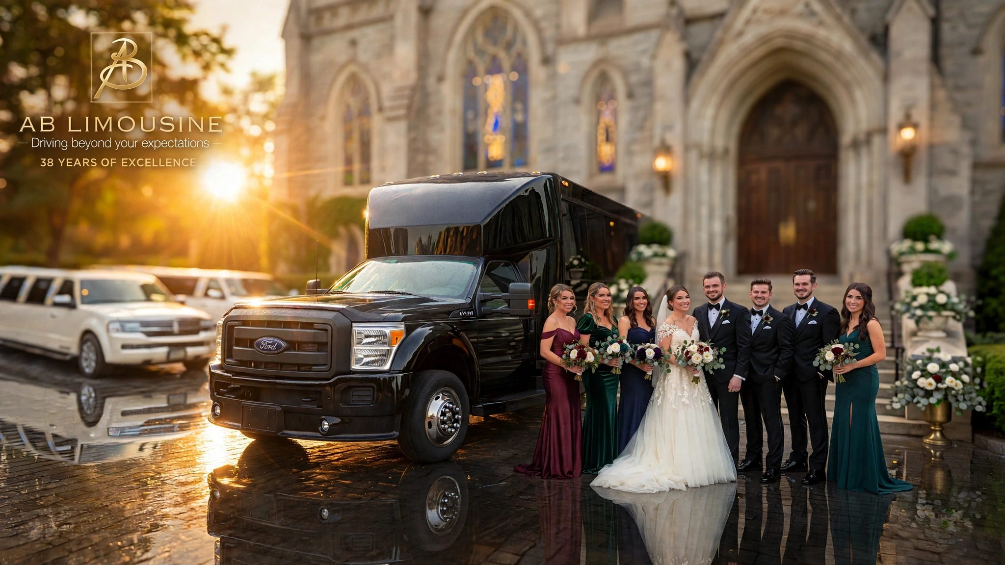 Black Ford F-550 party bus and two white Lincoln Navigator stretch limousines with a wedding party outside a stone church, AB Limousine, Toronto