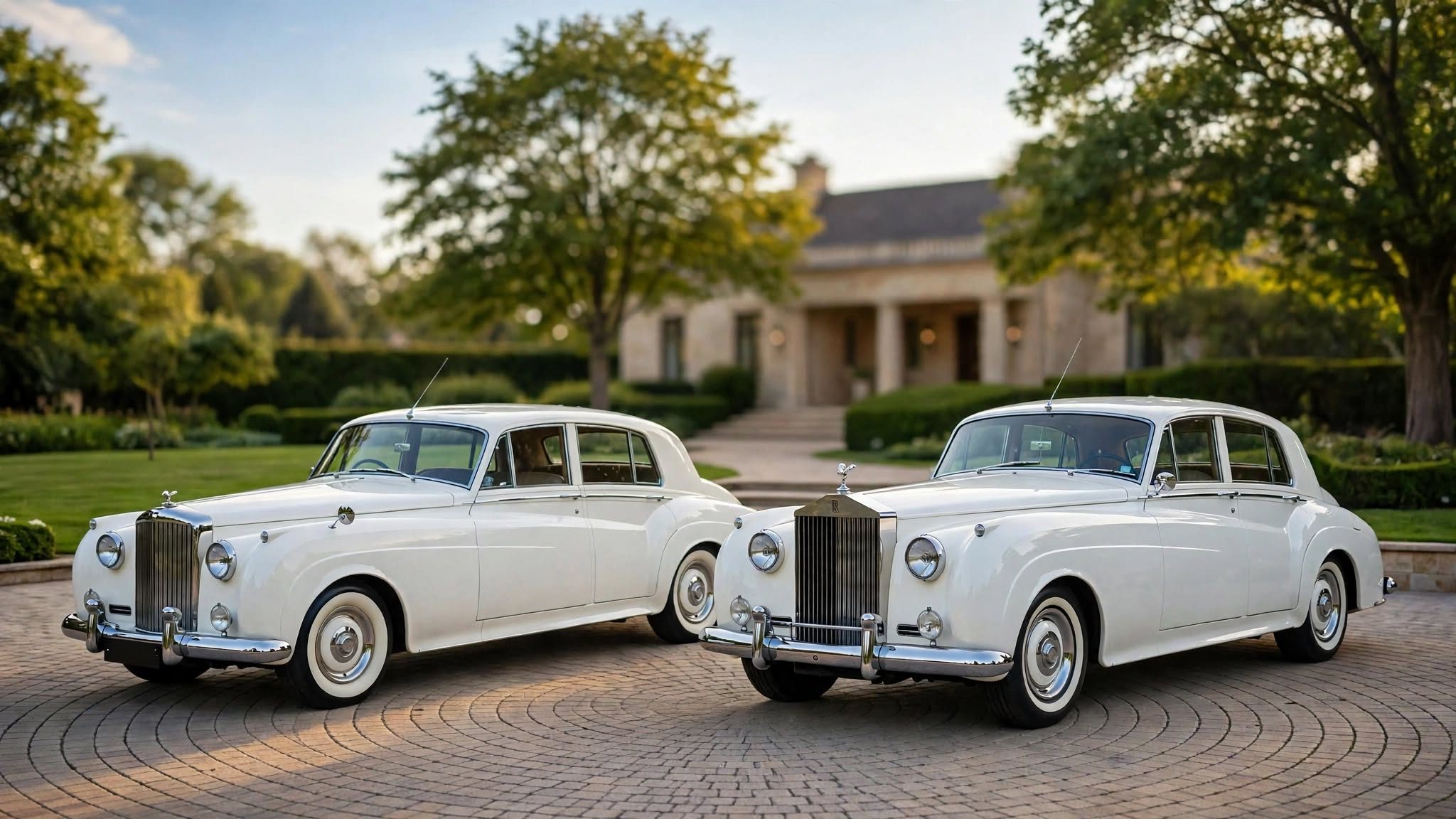 A white 1959 Rolls-Royce and a white 1959 Bentley S side by side at golden hour outside a Toronto-area estate, AB Limousine