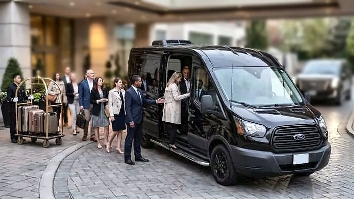 Guests boarding the black Ford Transit 250 at a hotel entrance