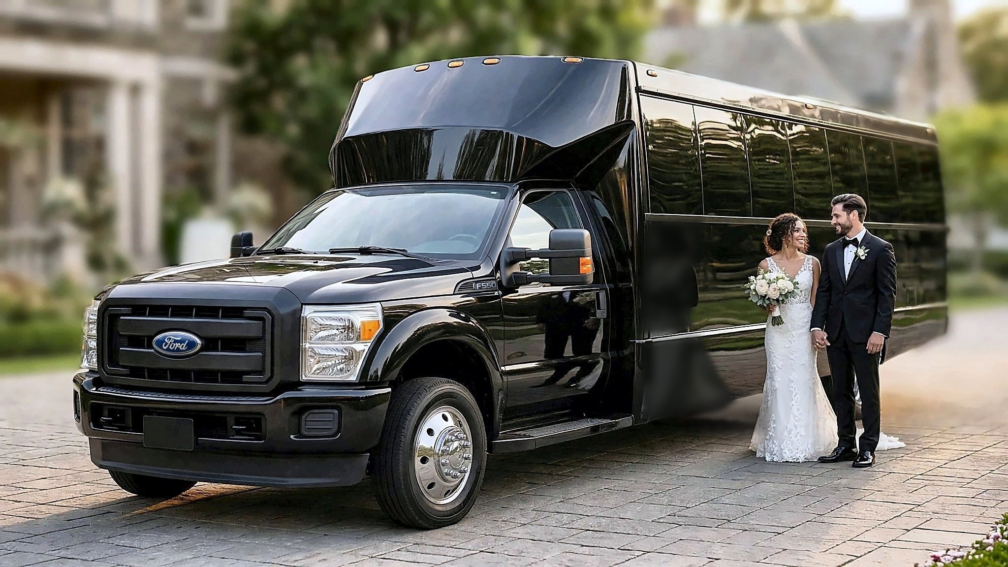 Bride and groom beside the black Ford F-550 party bus at a wedding venue