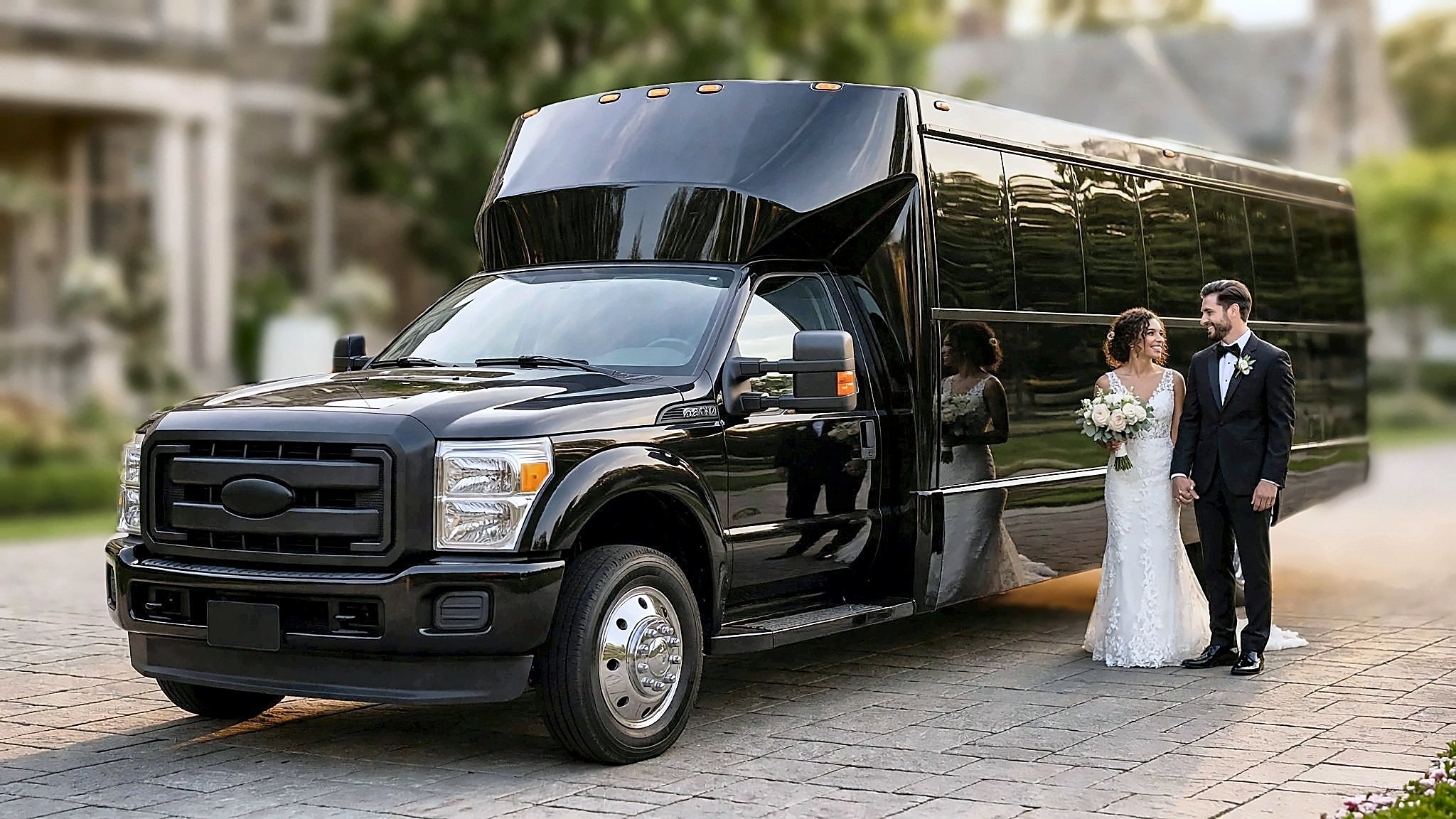 Bride and groom beside the black Ford F-550 party bus at a wedding venue