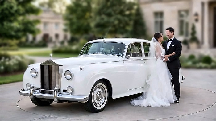 A bride and groom beside the white 1959 Rolls-Royce on their wedding day