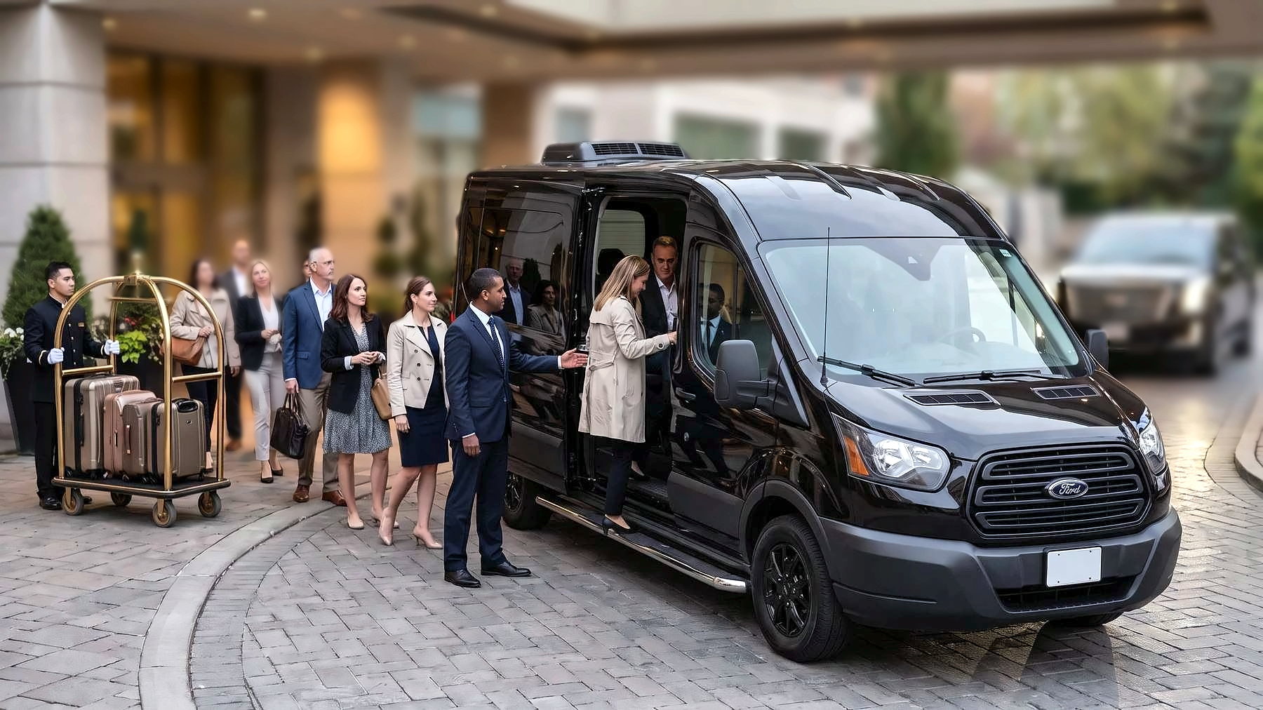 A chauffeur assisting guests boarding a black passenger van at a hotel entrance