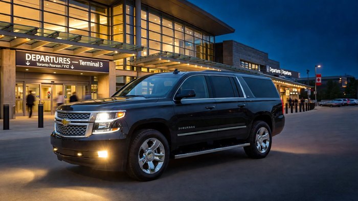 Black Chevrolet Suburban at an airport terminal departures entrance at dusk