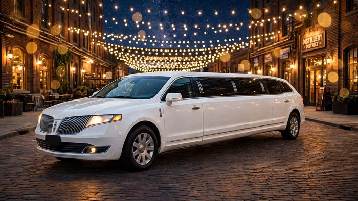 White Lincoln MKT stretch limousine on a brick-paved street under string lights at night