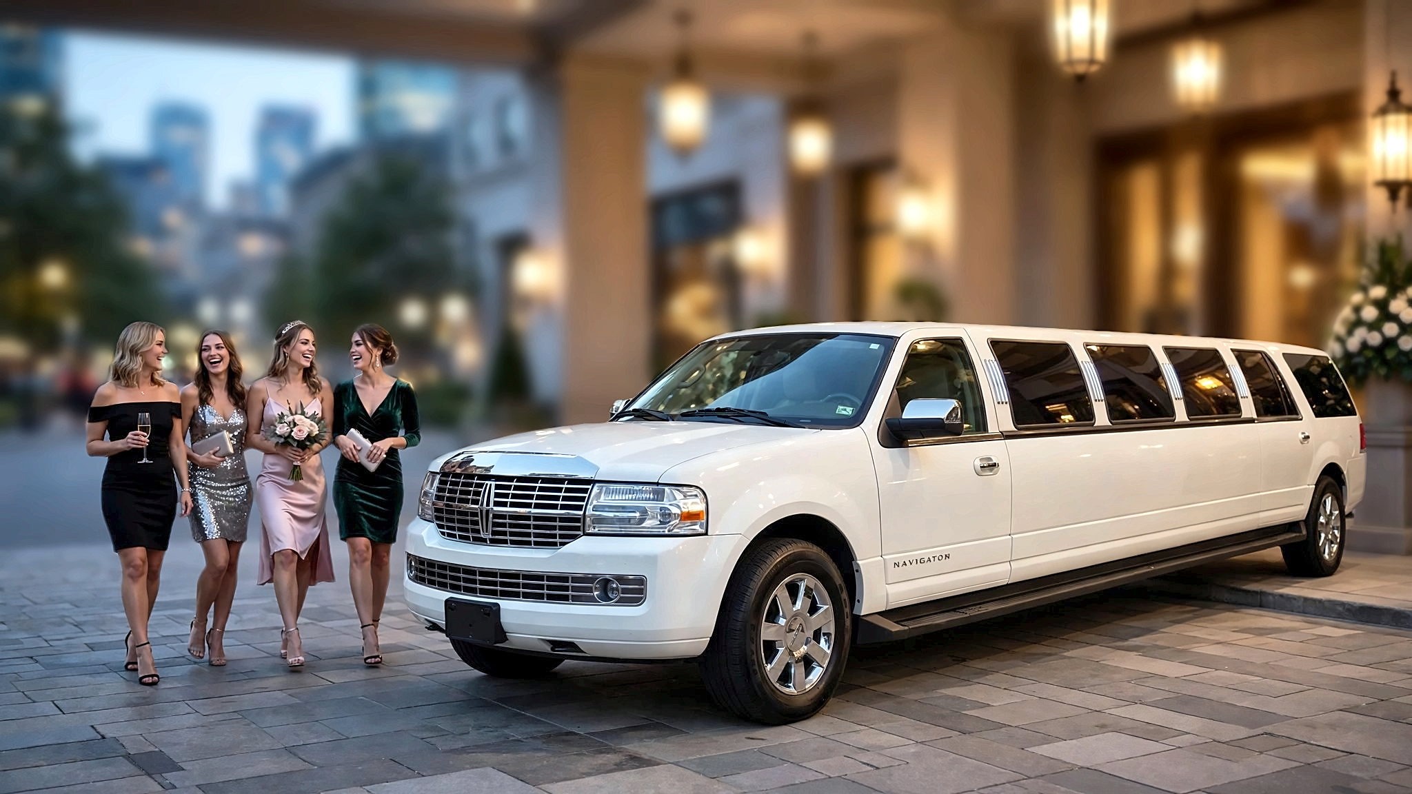 A bachelorette party arriving beside the white Lincoln Navigator stretch limousine at a Toronto hotel entrance