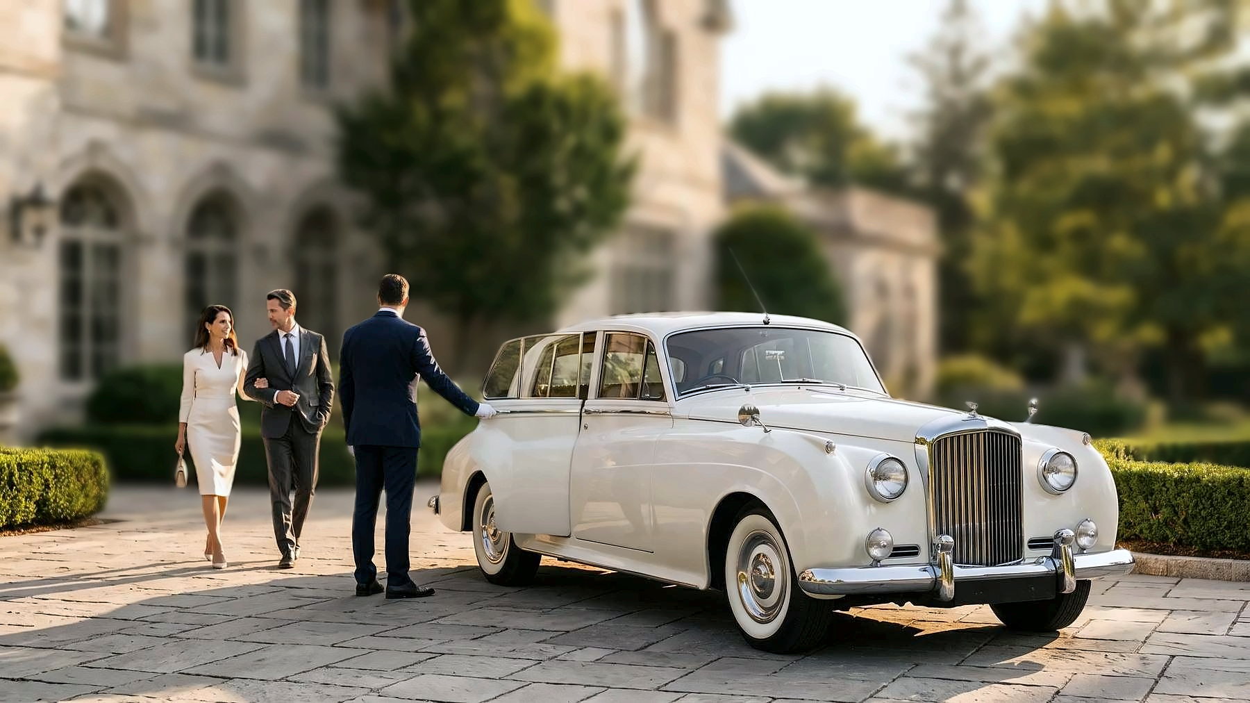 A chauffeur greeting guests beside a white classic vehicle at golden hour