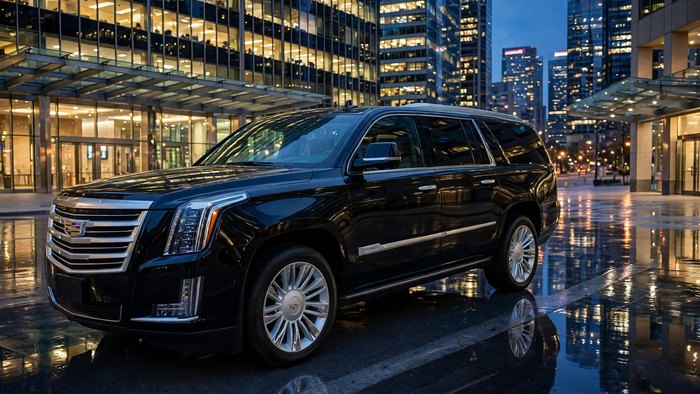 Black Cadillac Escalade ESV in front of a lit glass office building in the evening