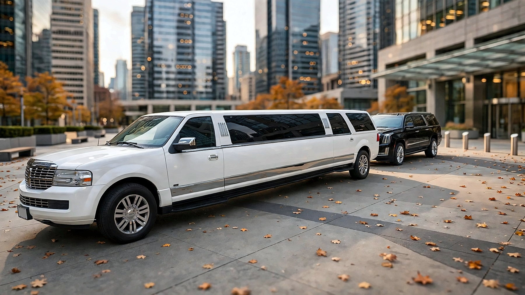 A white Lincoln Navigator stretch limousine and a black Cadillac Escalade ESV outside a downtown office tower