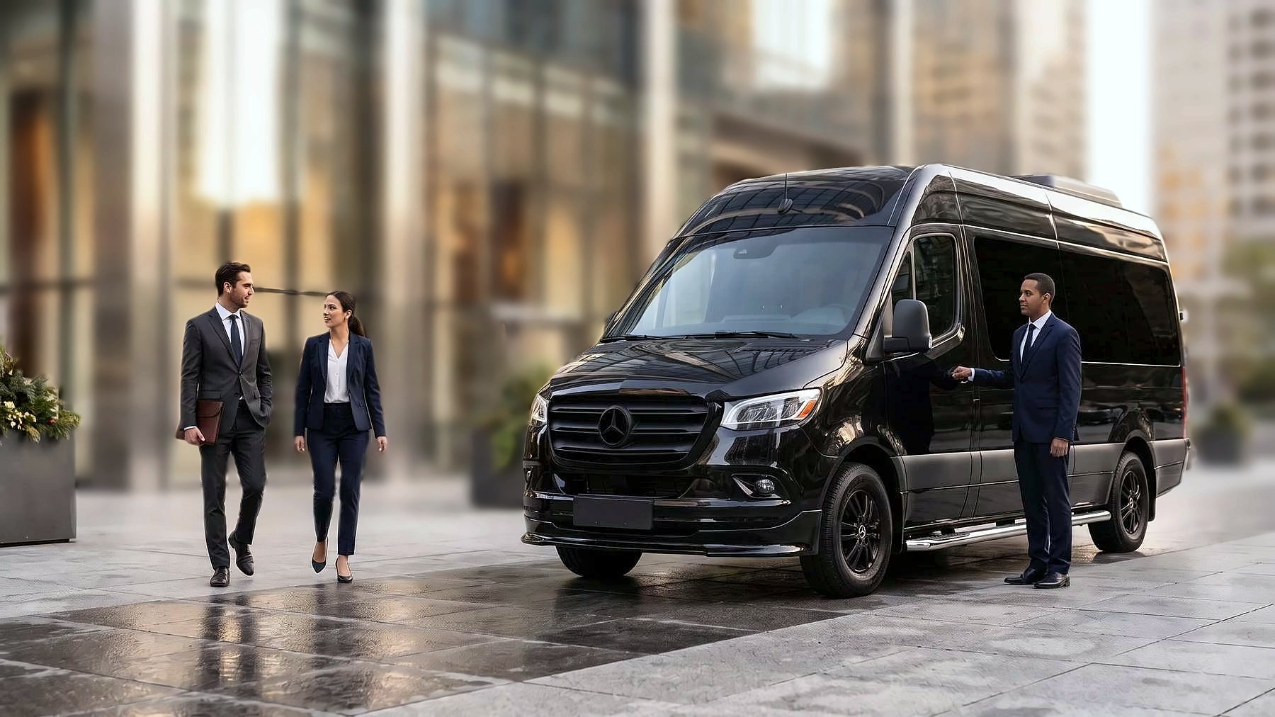 Group transportation in Toronto: a chauffeur beside a black executive van outside a modern office building