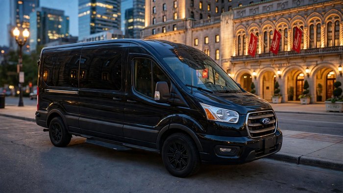 Black Ford Transit passenger van parked outside a lit hotel on a downtown Toronto street at dusk