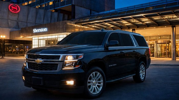 Black Chevrolet Suburban at a hotel entrance at dusk