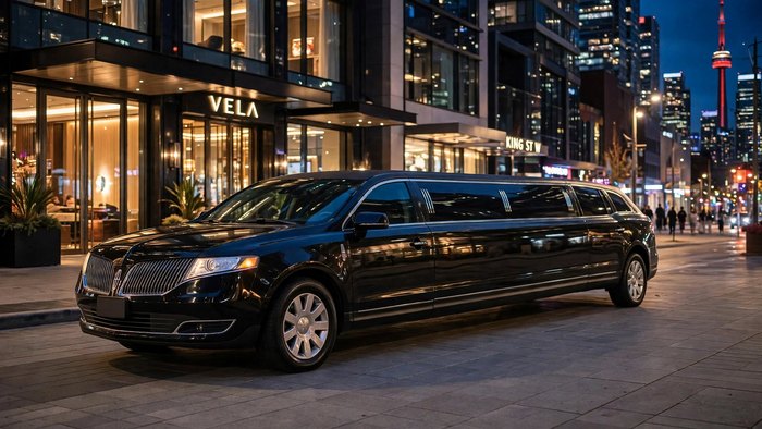 Black Lincoln MKT stretch limousine on a downtown Toronto street at night with the CN Tower in the distance