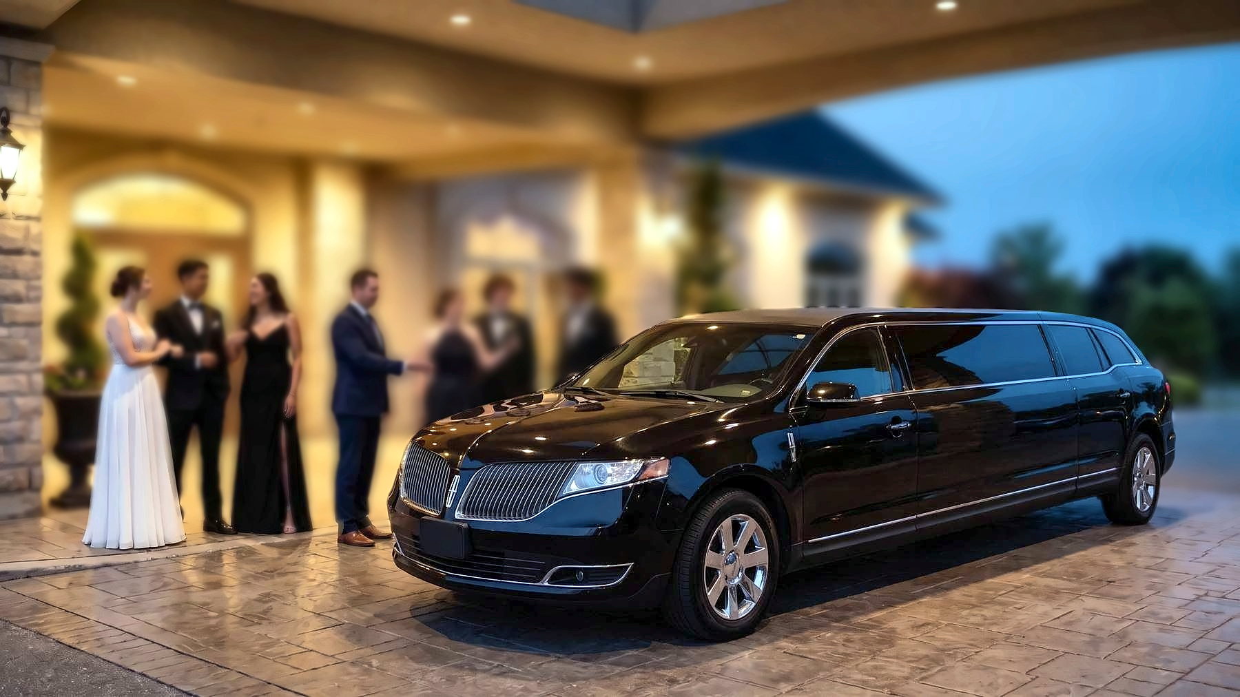 Students in formal dress with a chauffeur beside a black stretch limousine at dusk