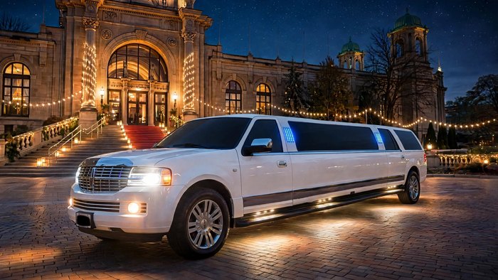 White Lincoln Navigator stretch limousine at the red-carpeted entrance of a stone hall lit with string lights at night