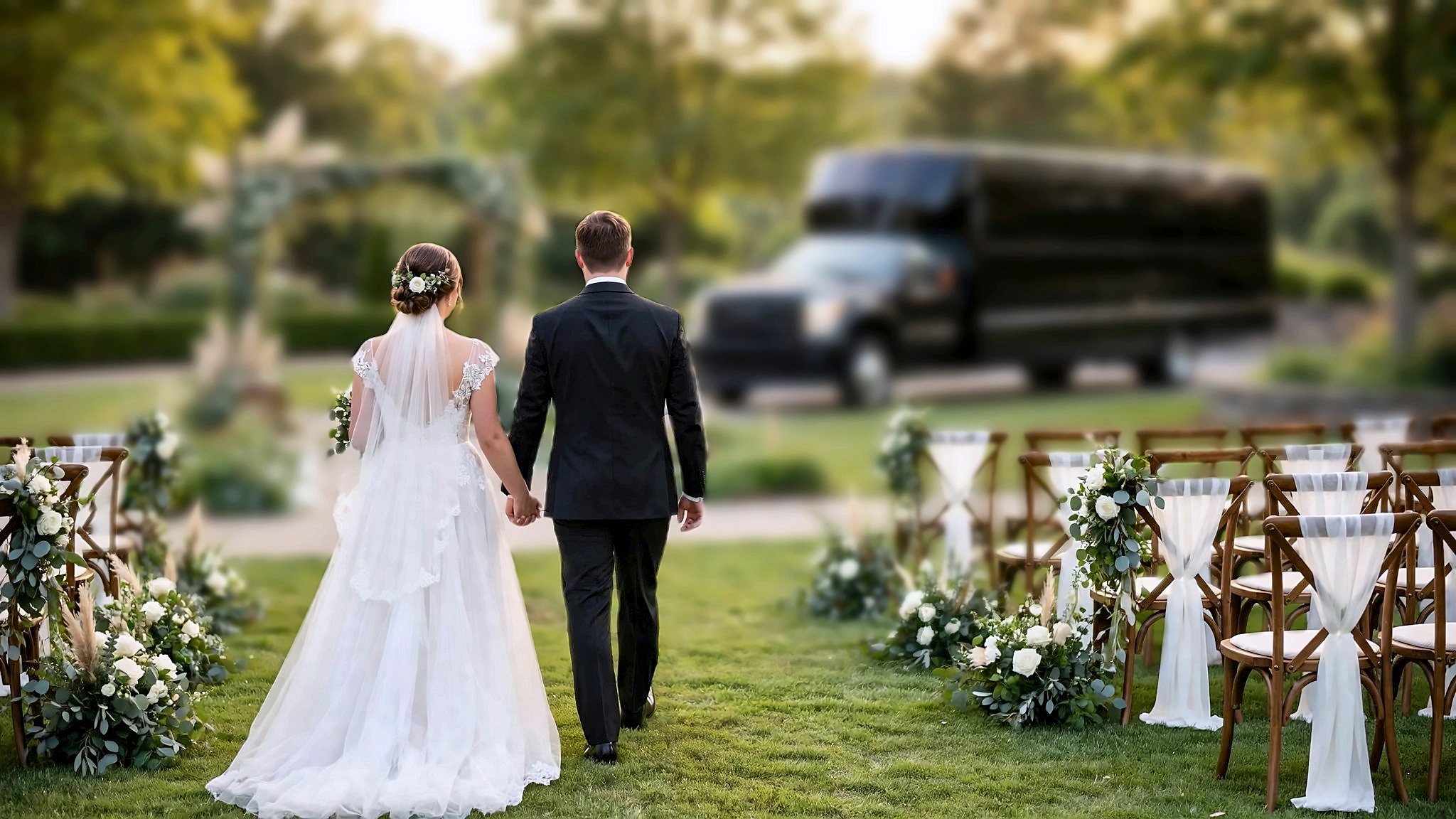 A bride and groom walking from the ceremony with the black Ford F-550 party bus waiting for the wedding guests