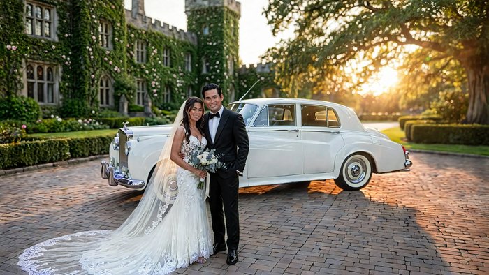 A bride and groom standing beside the white 1959 Rolls-Royce in front of a stone estate at sunset