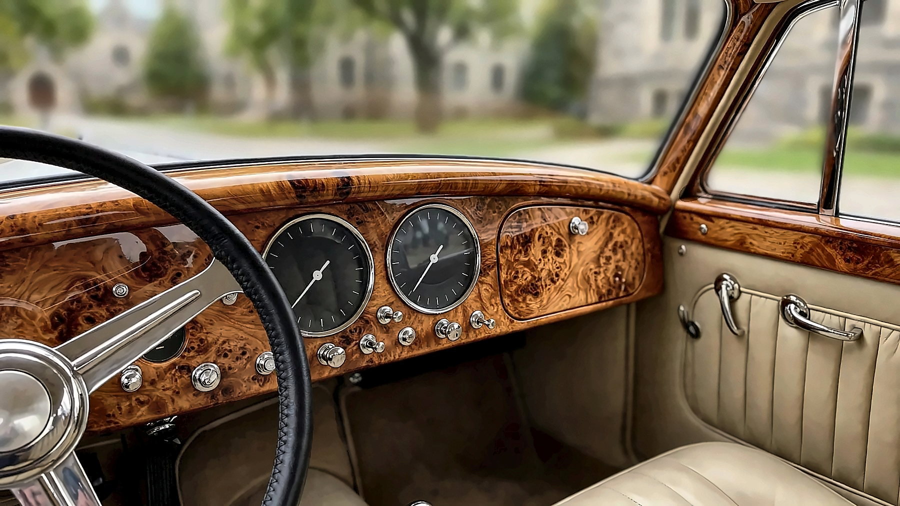 The burl walnut dashboard and cream leather of the 1959 Bentley S