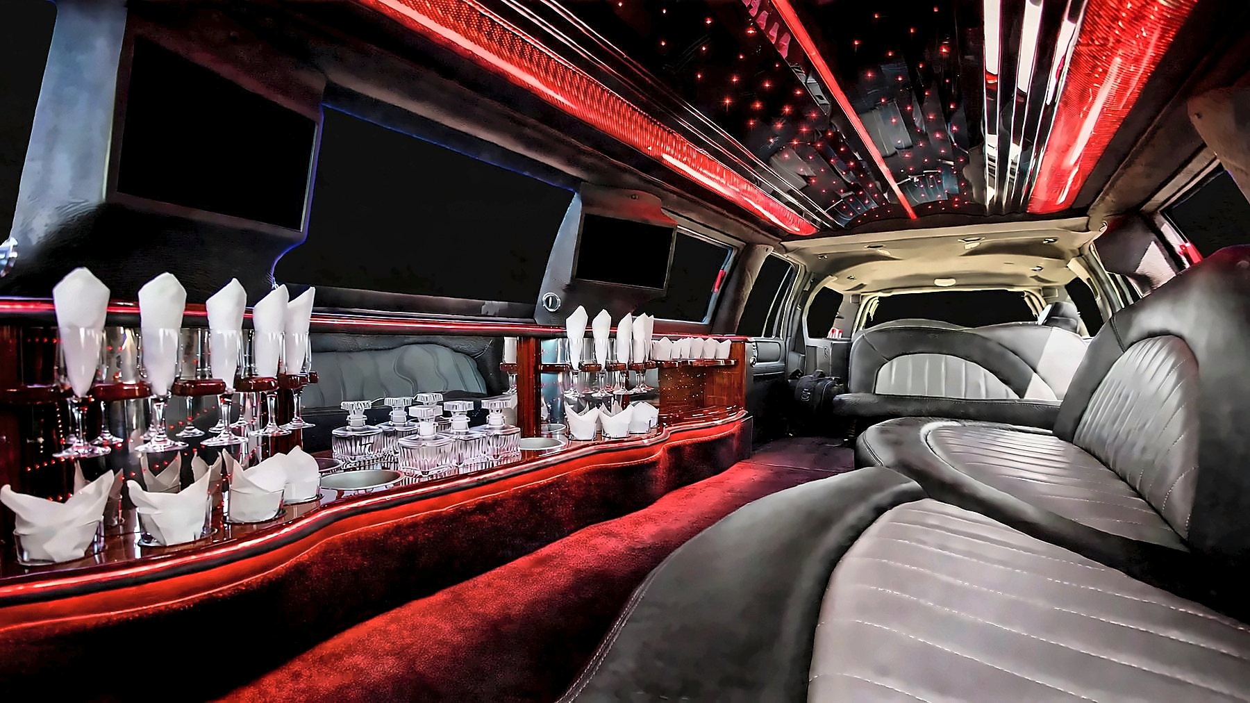 Interior of the Lincoln Navigator Stretch with the cabin lighting set to red