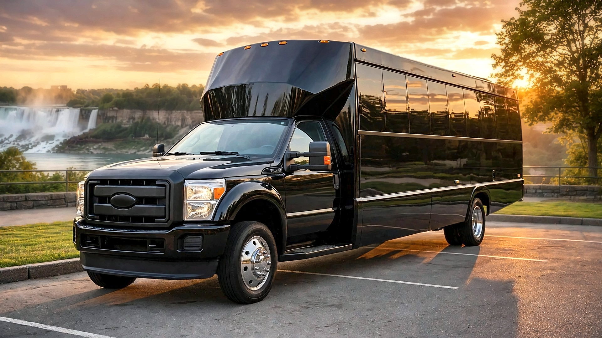 The black Ford F-550 Party Bus at a lookout above the Horseshoe Falls