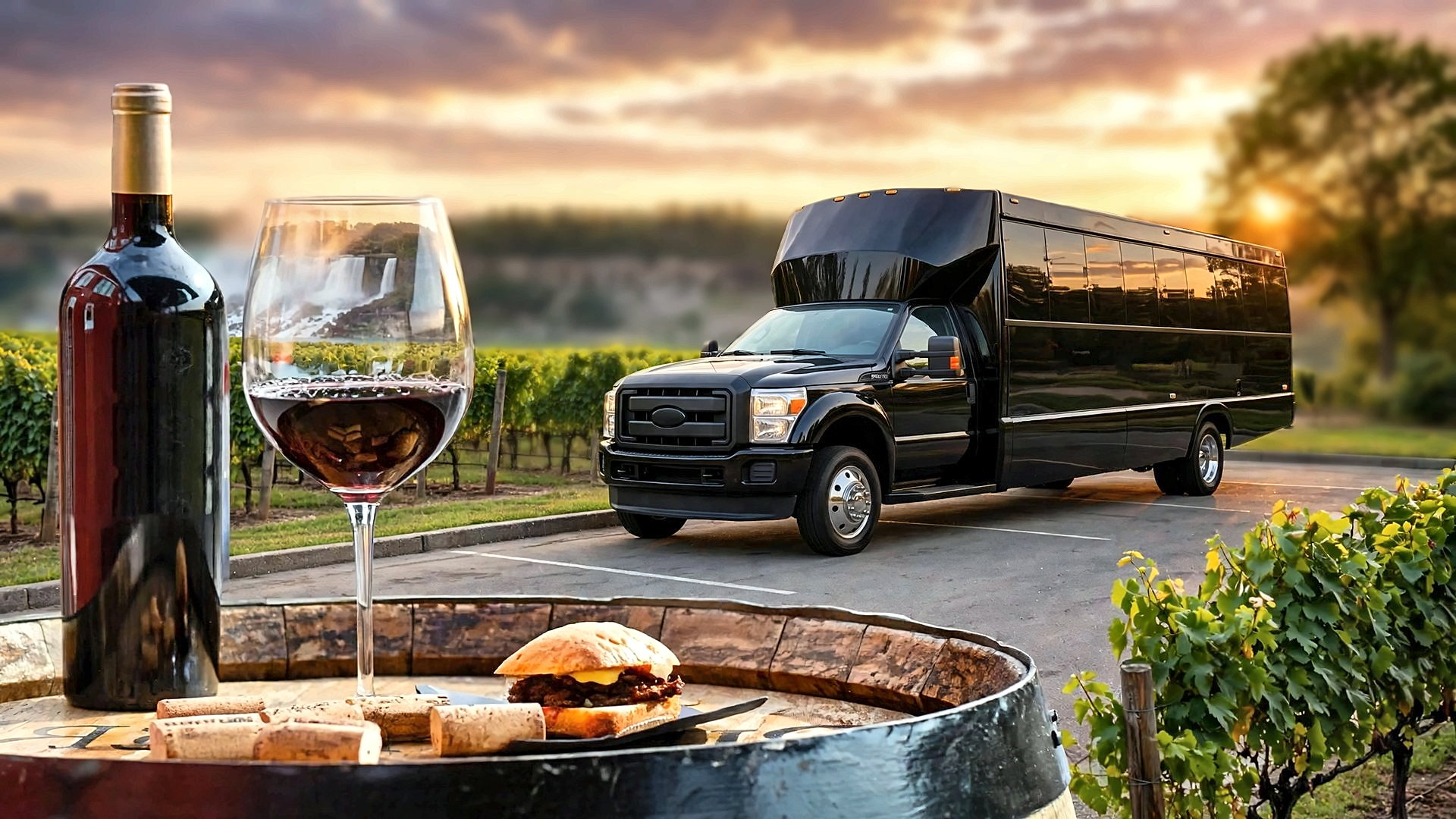 Red wine and a glass on an oak barrel beside vineyard rows, with a black Ford F-550 party bus parked near the Niagara gorge at sunset