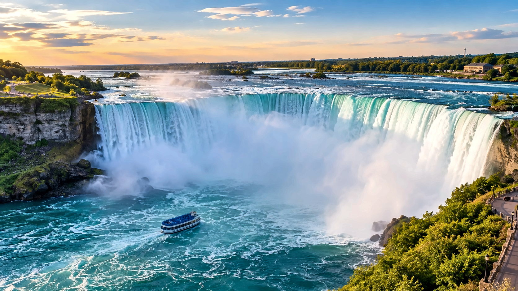The Canadian Horseshoe Falls in early-evening light, with a tour boat in the mist below and the riverside walkway on the Canadian side