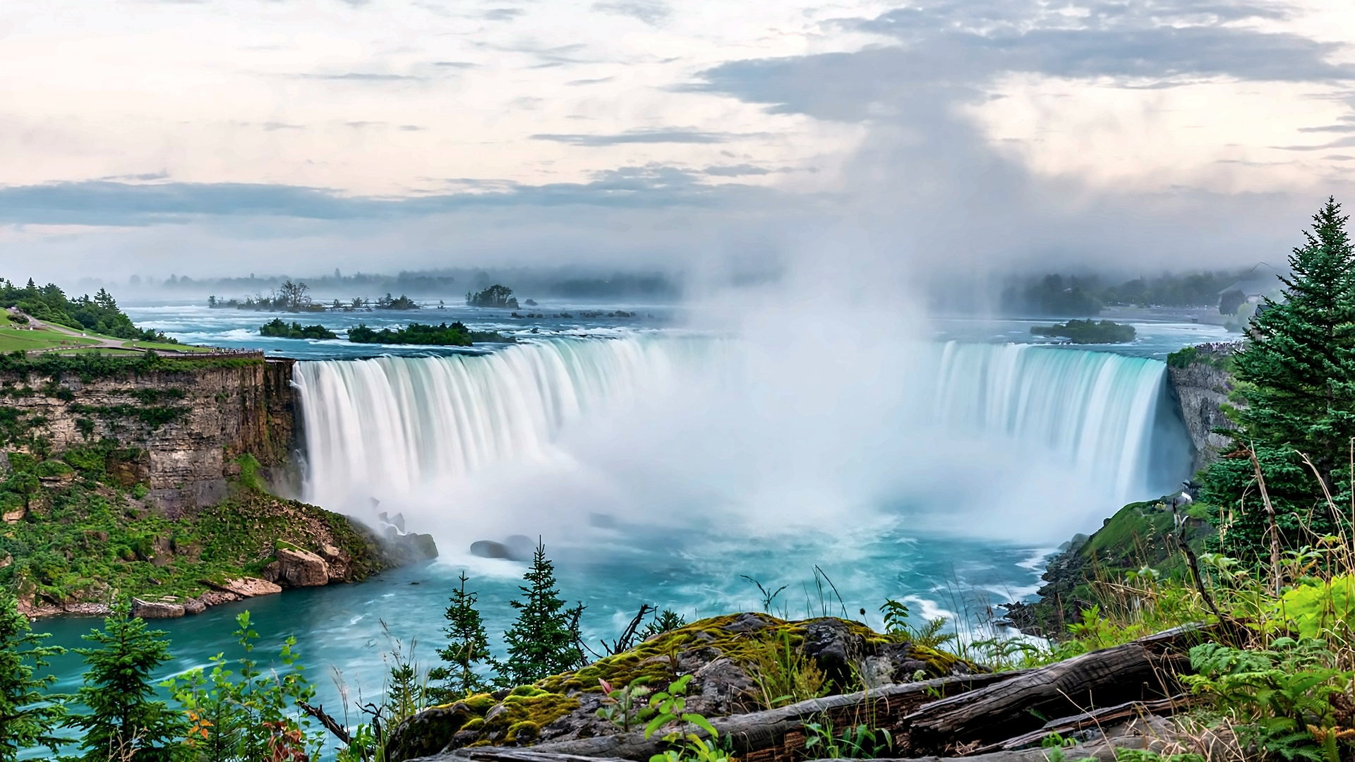 The Canadian Horseshoe Falls with mist rising over the Niagara River, seen from a wooded lookout