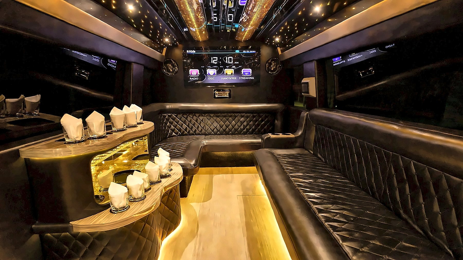 Interior of the Mercedes-Benz Sprinter with the cabin lighting set to gold