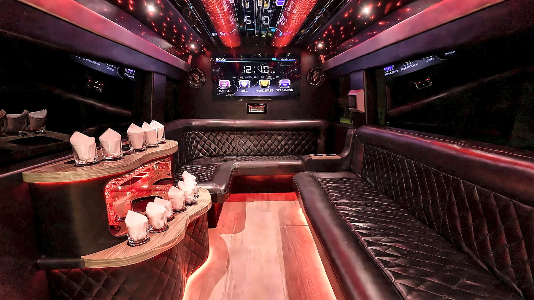 Interior of the Mercedes-Benz Sprinter with the cabin lighting set to red